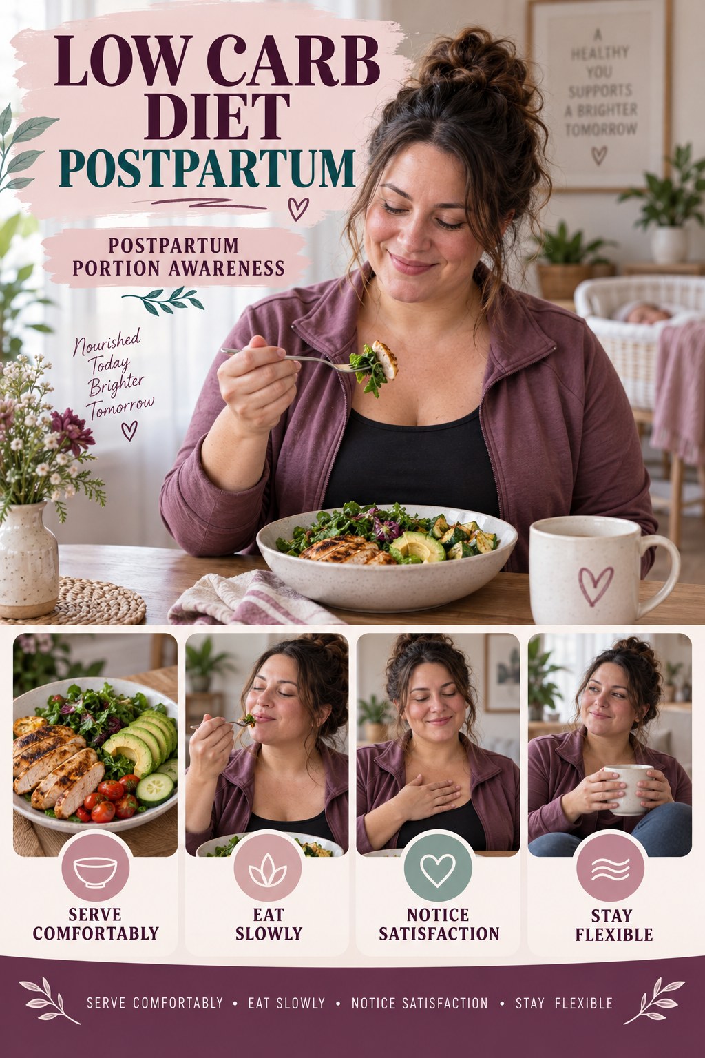 Low Carb Diet postpartum graphic titled Postpartum Portion Awareness with four gradual recovery-aware prompts.