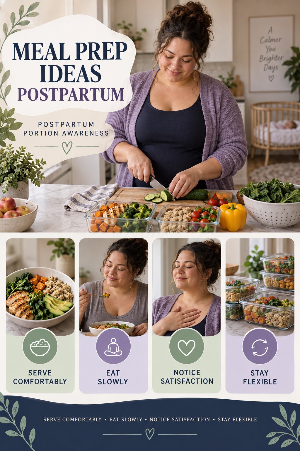 Meal Prep Ideas postpartum graphic titled Postpartum Portion Awareness with four gradual recovery-aware prompts.