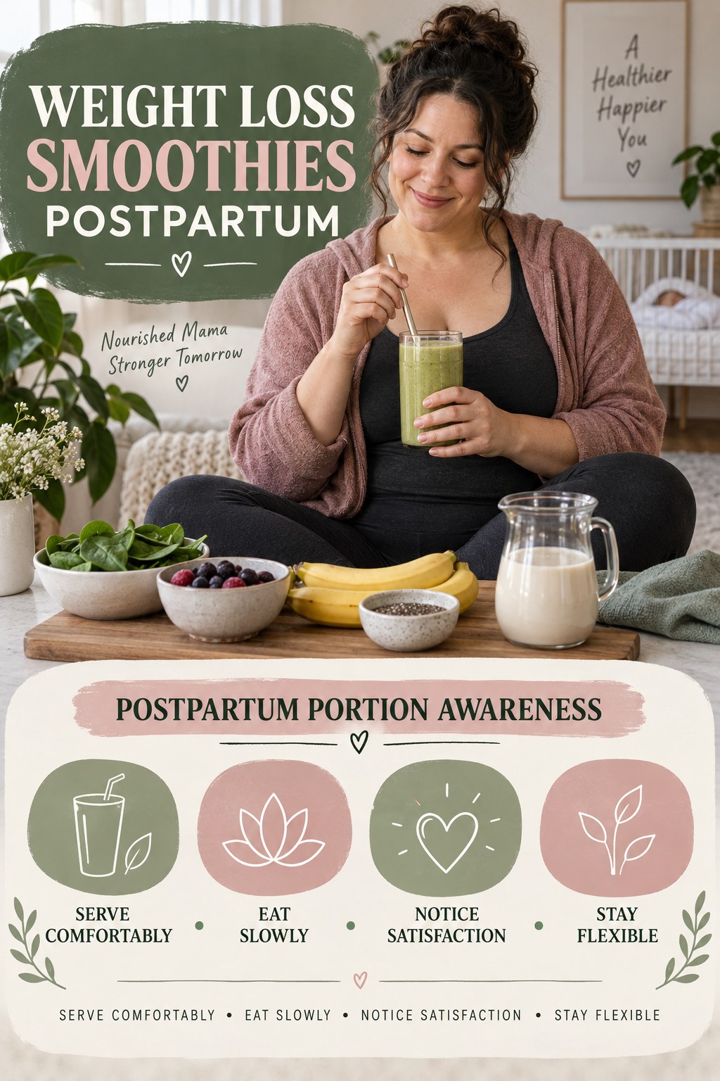 Weight Loss Smoothies postpartum graphic titled Postpartum Portion Awareness with four gradual recovery-aware prompts.