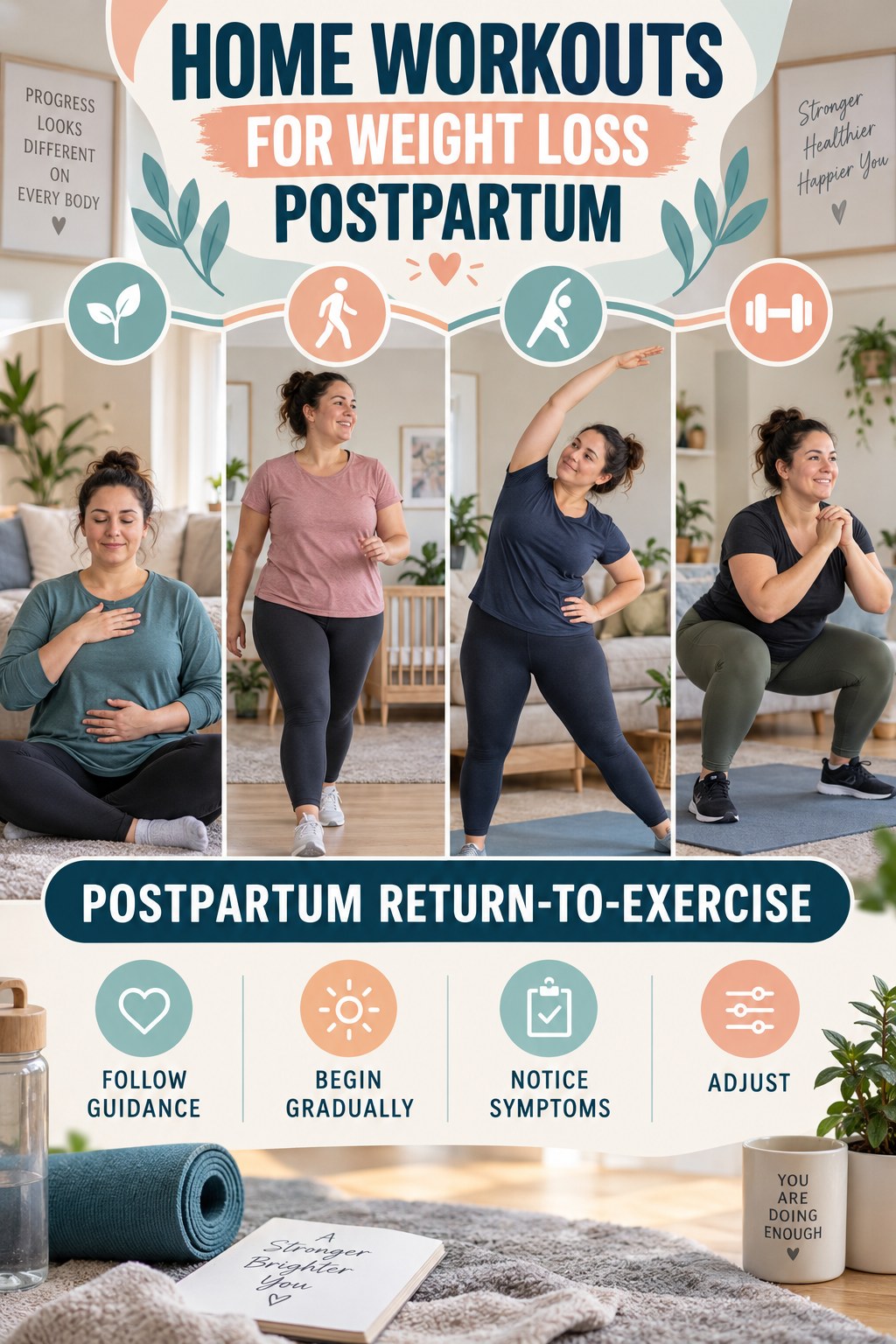 Home Workouts for Weight Loss postpartum graphic titled Postpartum Return-to-Exercise with four gradual recovery-aware prompts.