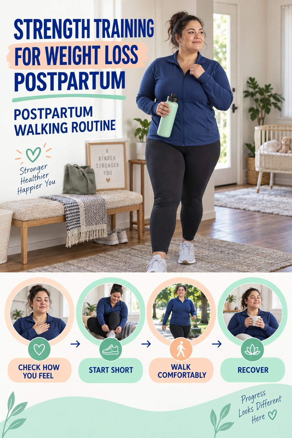 Strength Training for Weight Loss postpartum graphic titled Postpartum Walking Routine with four gradual recovery-aware prompts.