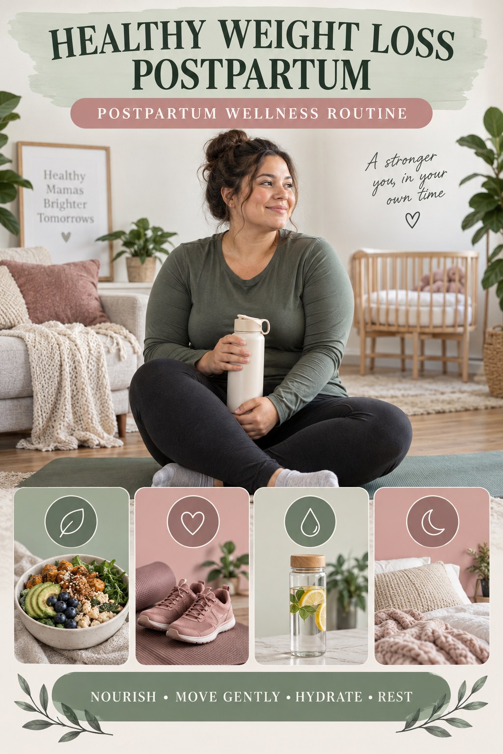 Healthy Weight Loss postpartum graphic titled Postpartum Wellness Routine with four gradual recovery-aware prompts.