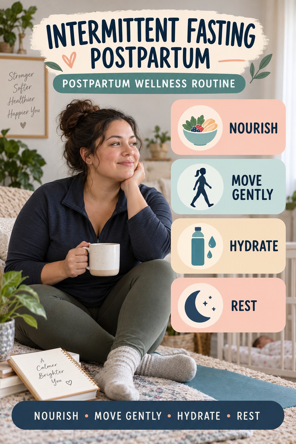 Intermittent Fasting postpartum graphic titled Postpartum Wellness Routine with four gradual recovery-aware prompts.