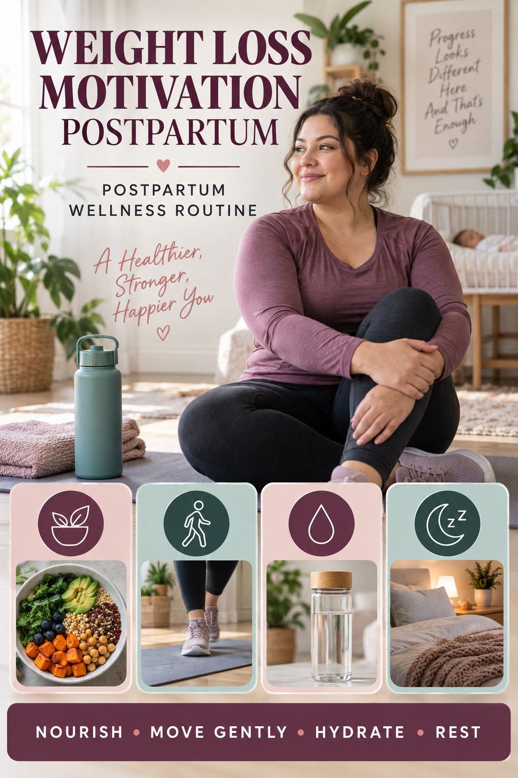 Weight Loss Motivation postpartum graphic titled Postpartum Wellness Routine with four gradual recovery-aware prompts.
