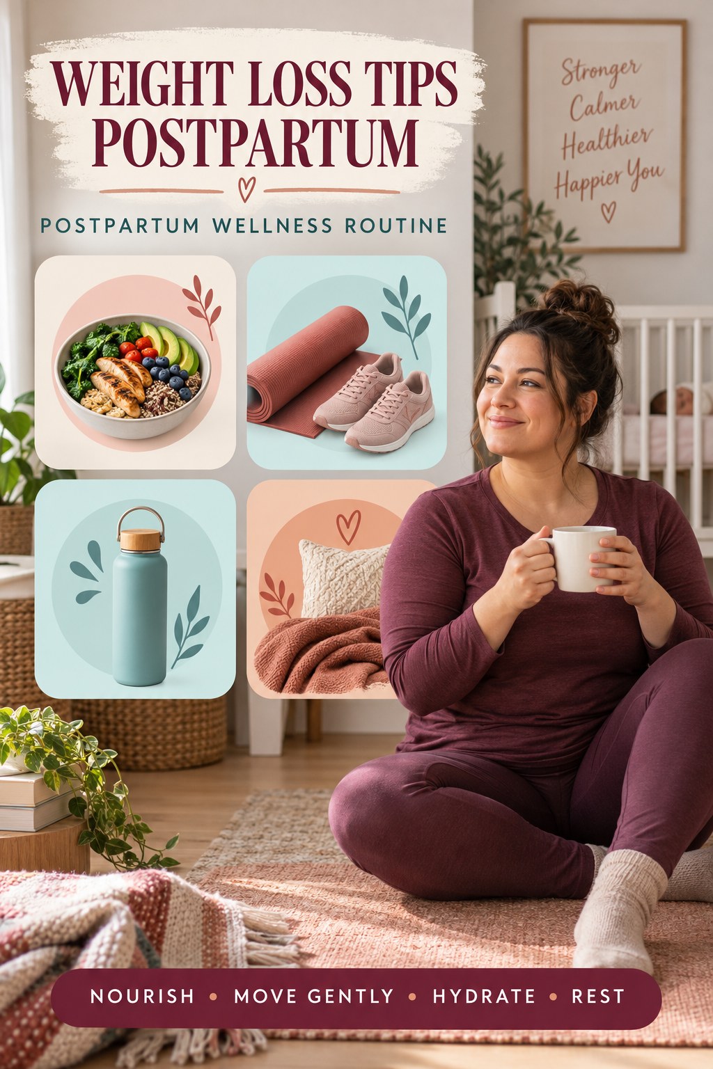 Weight Loss Tips postpartum graphic titled Postpartum Wellness Routine with four gradual recovery-aware prompts.