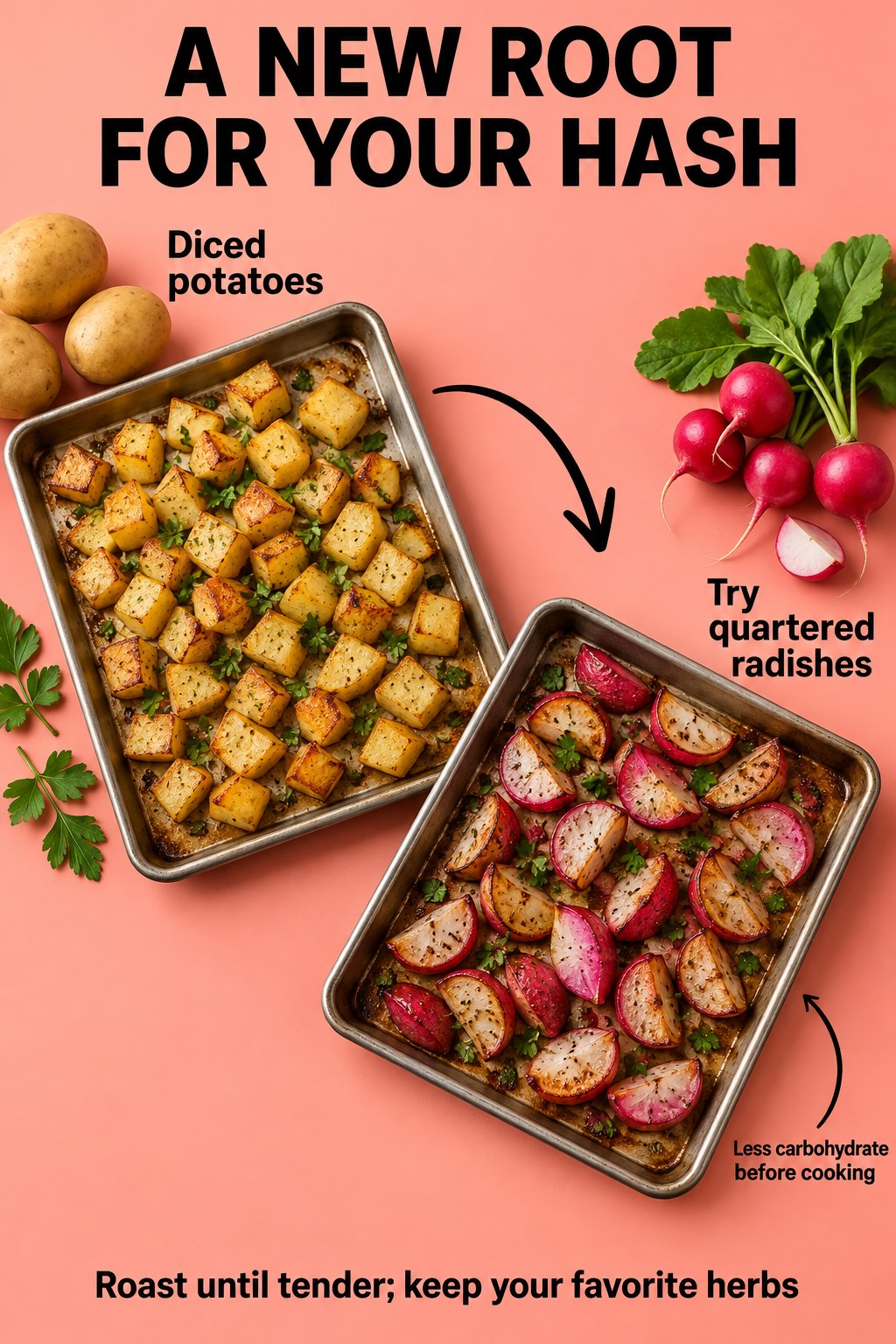 Coral poster compares pans of diced roasted potatoes and quartered roasted radishes, with a lower-carbohydrate ingredient note.