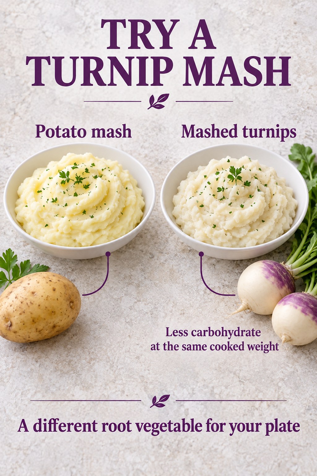 Stone and violet graphic compares potato mash with mashed turnips and identifies the roots used in each bowl.