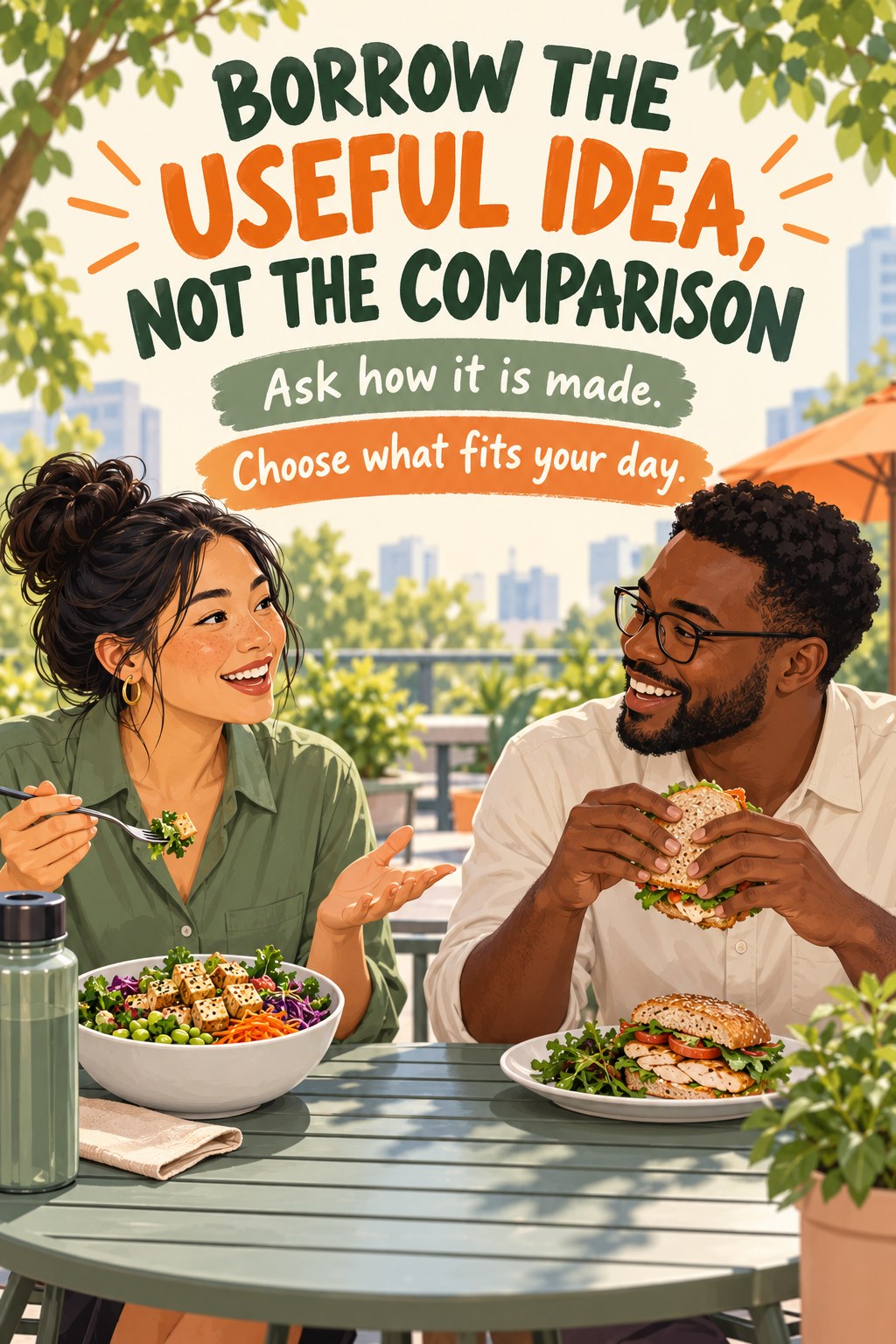 Two coworkers sharing a friendly conversation over different lunches with encouragement to learn without comparison.
