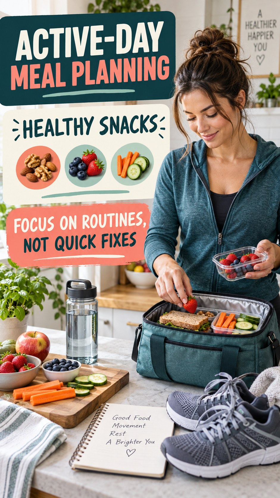 Active-Day Meal Planning infographic for Healthy Snacks, showing practical metabolism-support habits for an active lifestyle.
