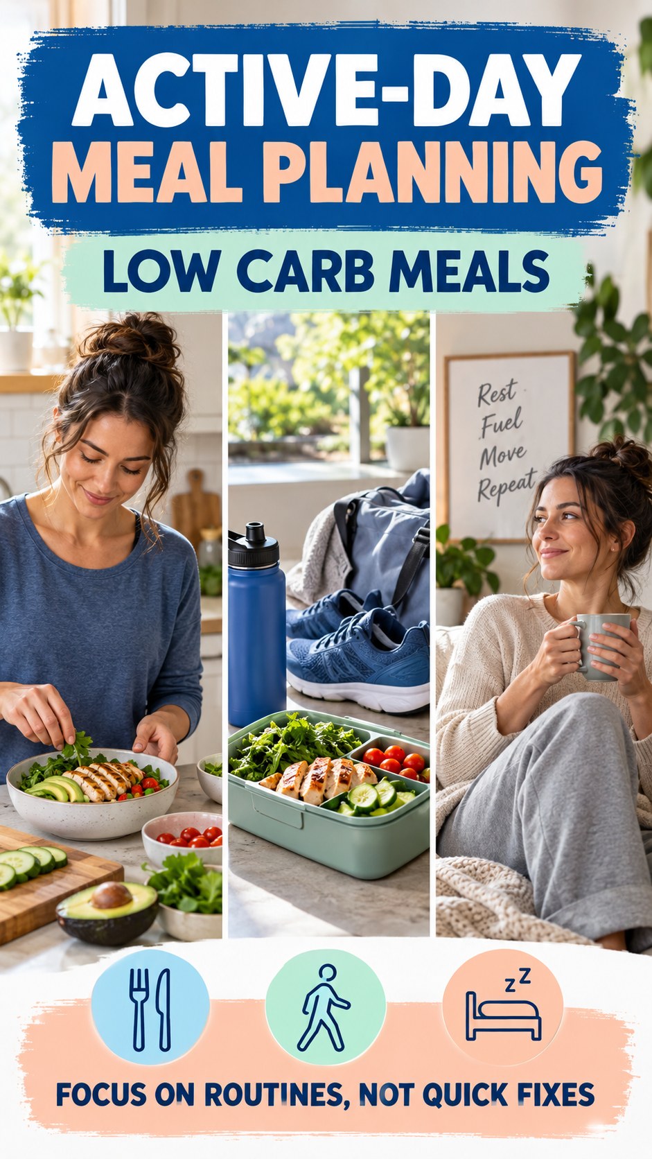 Active-Day Meal Planning infographic for Low Carb Meals, showing practical metabolism-support habits for an active lifestyle.