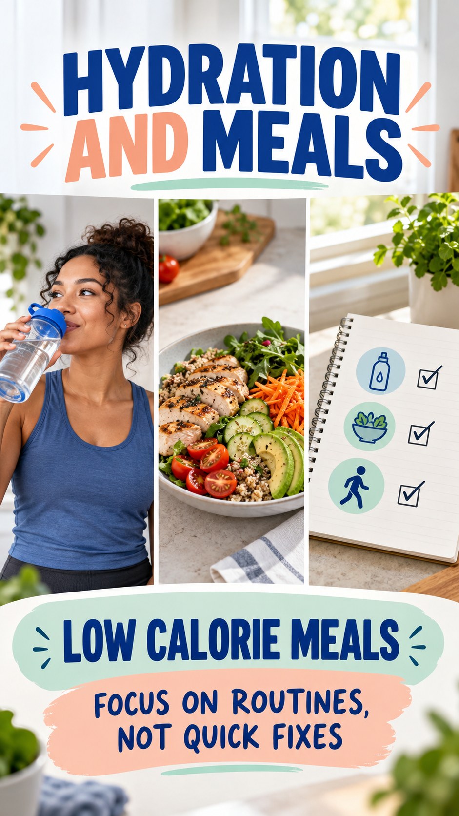 Hydration and Meals infographic for Low Calorie Meals, showing practical metabolism-support habits for an active lifestyle.