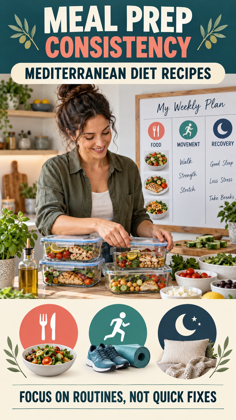 Meal Prep Consistency infographic for Mediterranean Diet Recipes, showing practical metabolism-support habits for an active lifestyle.