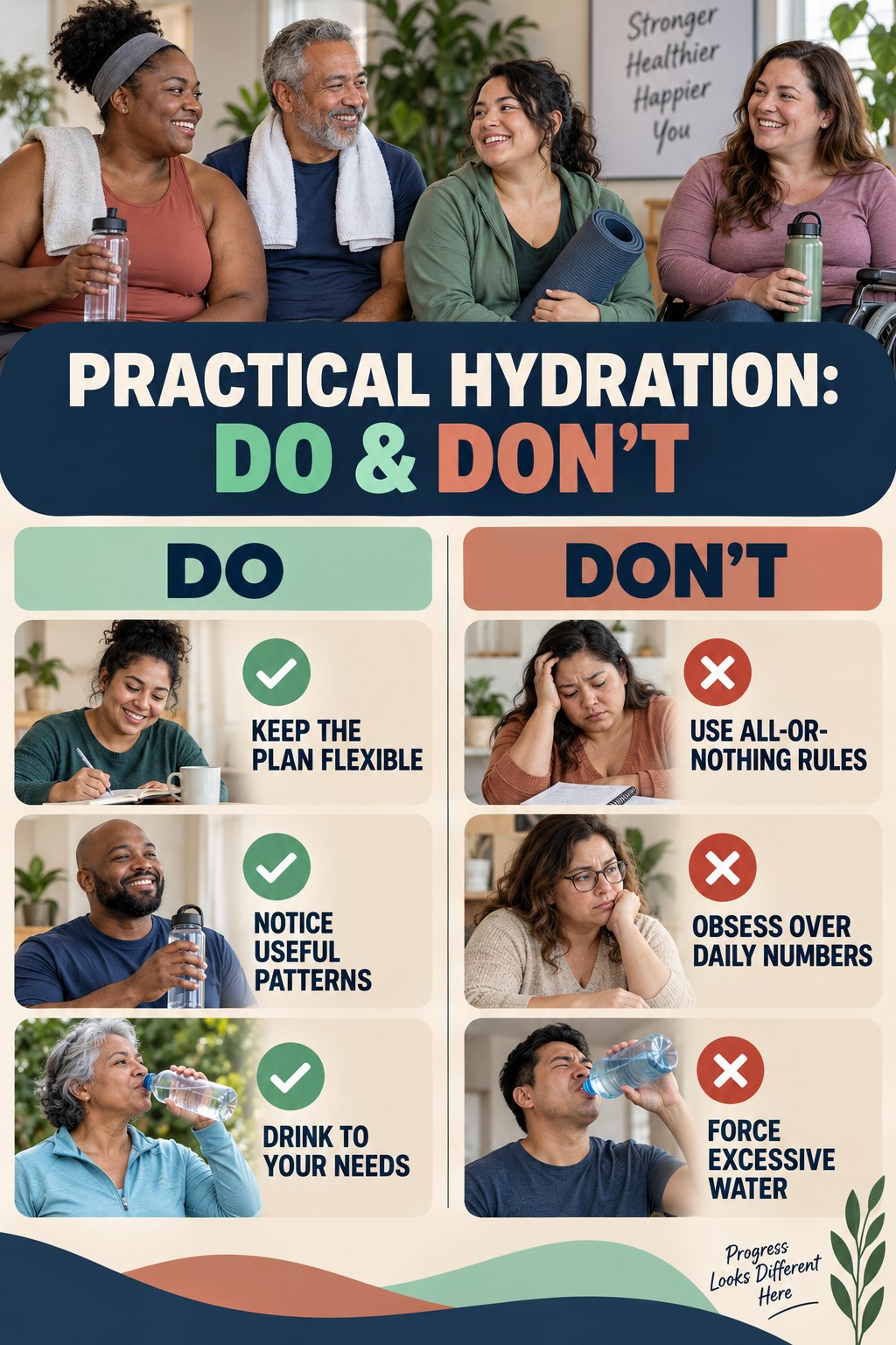 Weight Loss Motivation Do and Don’t comparison graphic showing three practical behavior pairs for practical hydration.