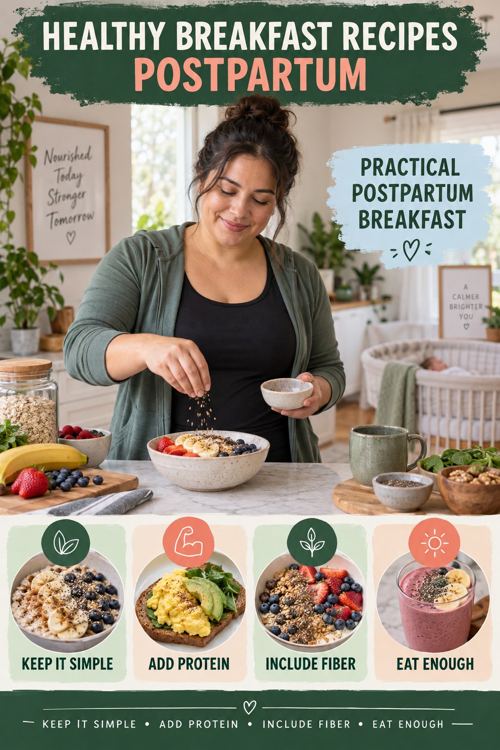 Healthy Breakfast Recipes postpartum graphic titled Practical Postpartum Breakfast with four gradual recovery-aware prompts.