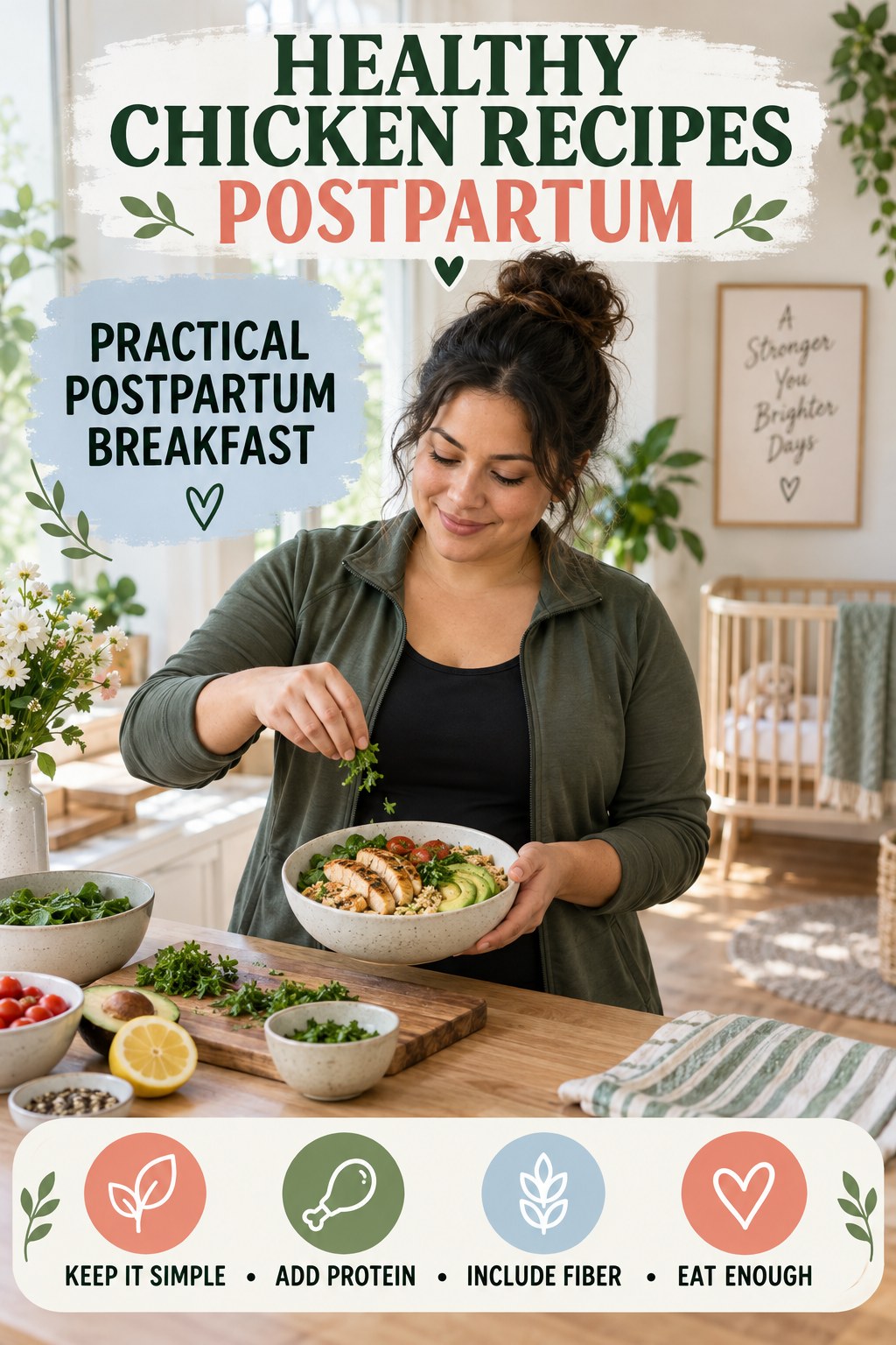 Healthy Chicken Recipes postpartum graphic titled Practical Postpartum Breakfast with four gradual recovery-aware prompts.