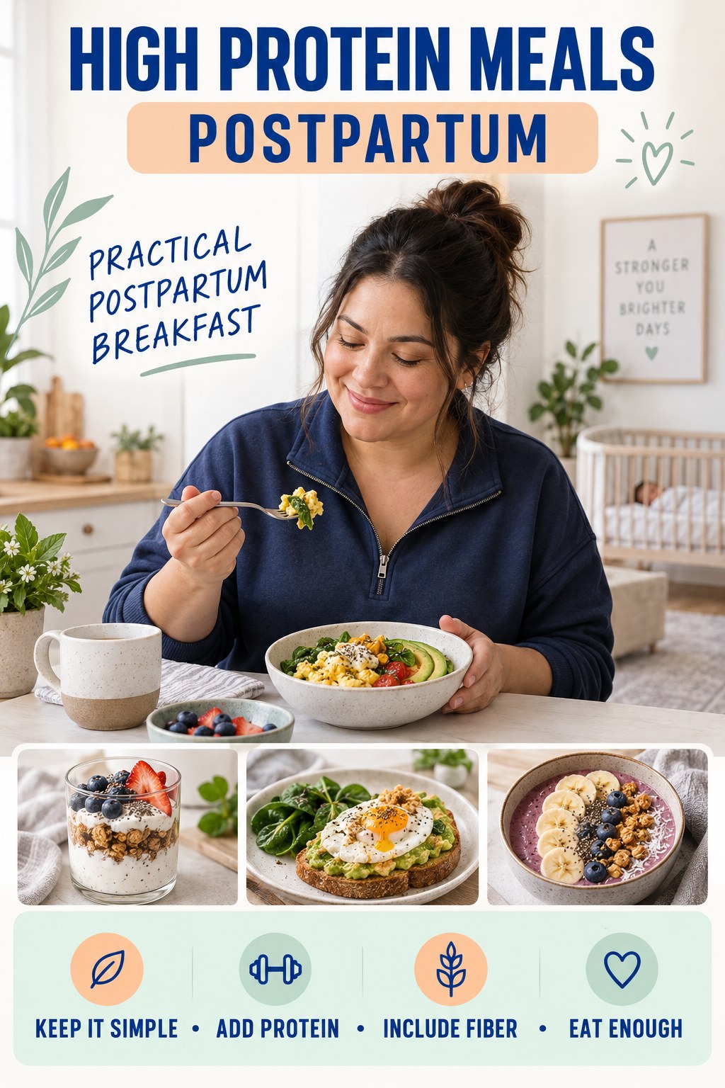 High Protein Meals postpartum graphic titled Practical Postpartum Breakfast with four gradual recovery-aware prompts.
