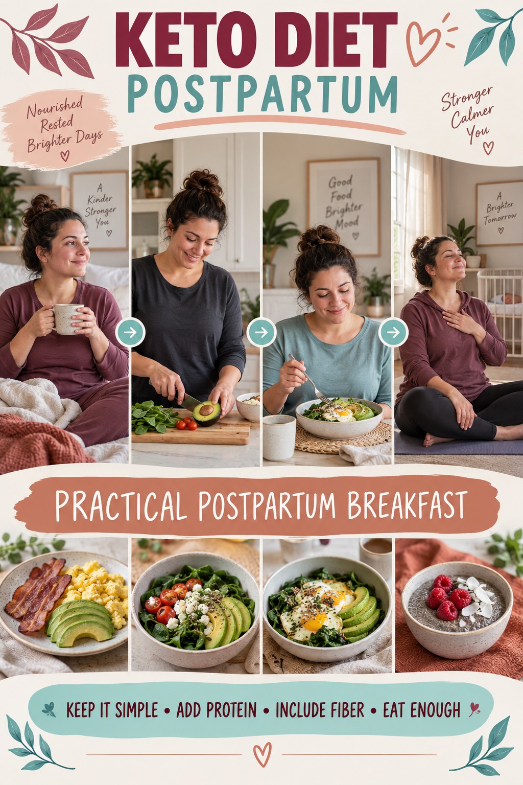 Keto Diet postpartum graphic titled Practical Postpartum Breakfast with four gradual recovery-aware prompts.