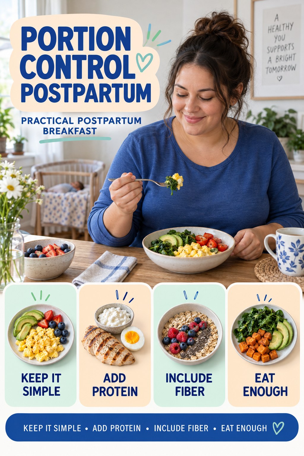 Portion Control postpartum graphic titled Practical Postpartum Breakfast with four gradual recovery-aware prompts.