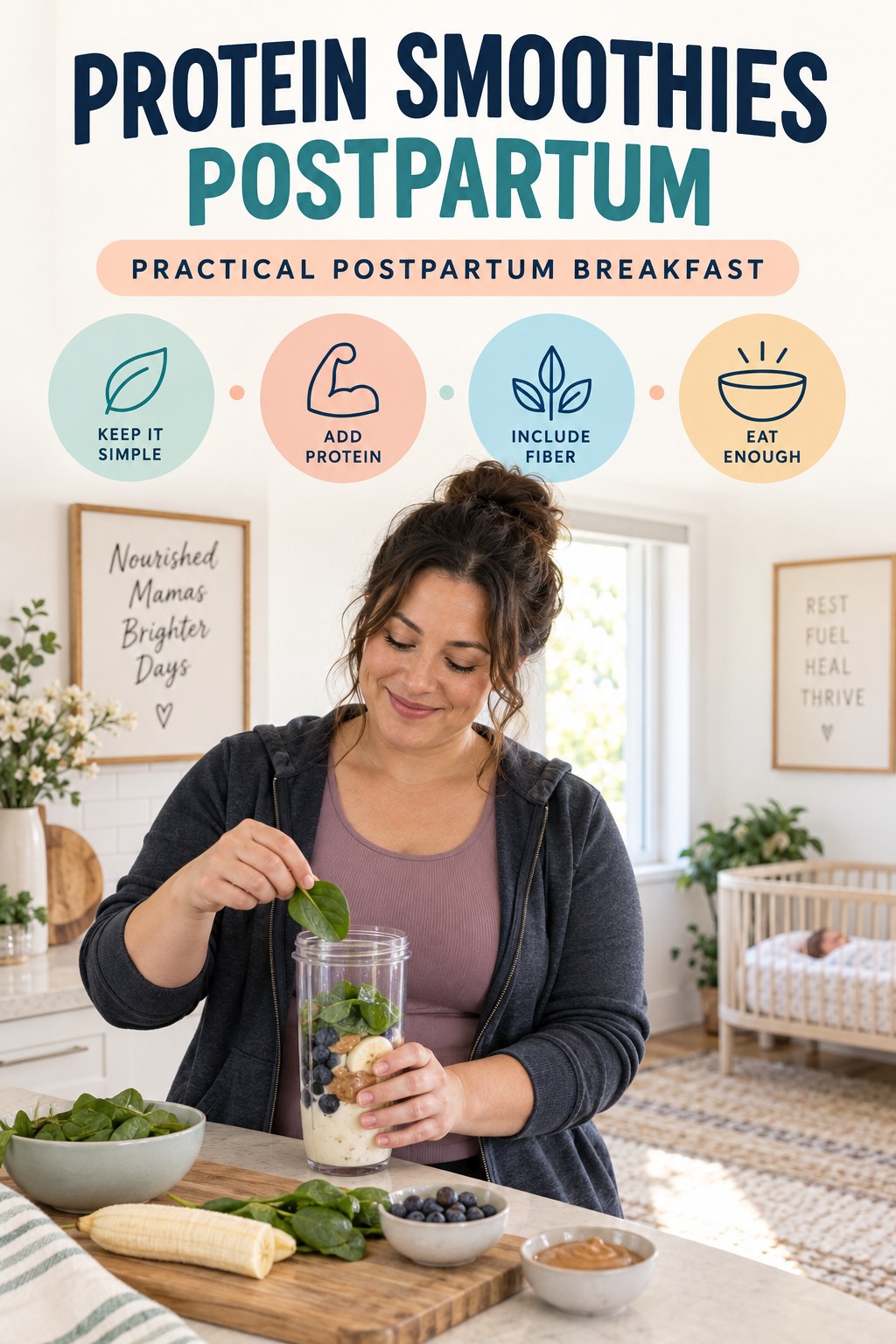 Protein Smoothies postpartum graphic titled Practical Postpartum Breakfast with four gradual recovery-aware prompts.