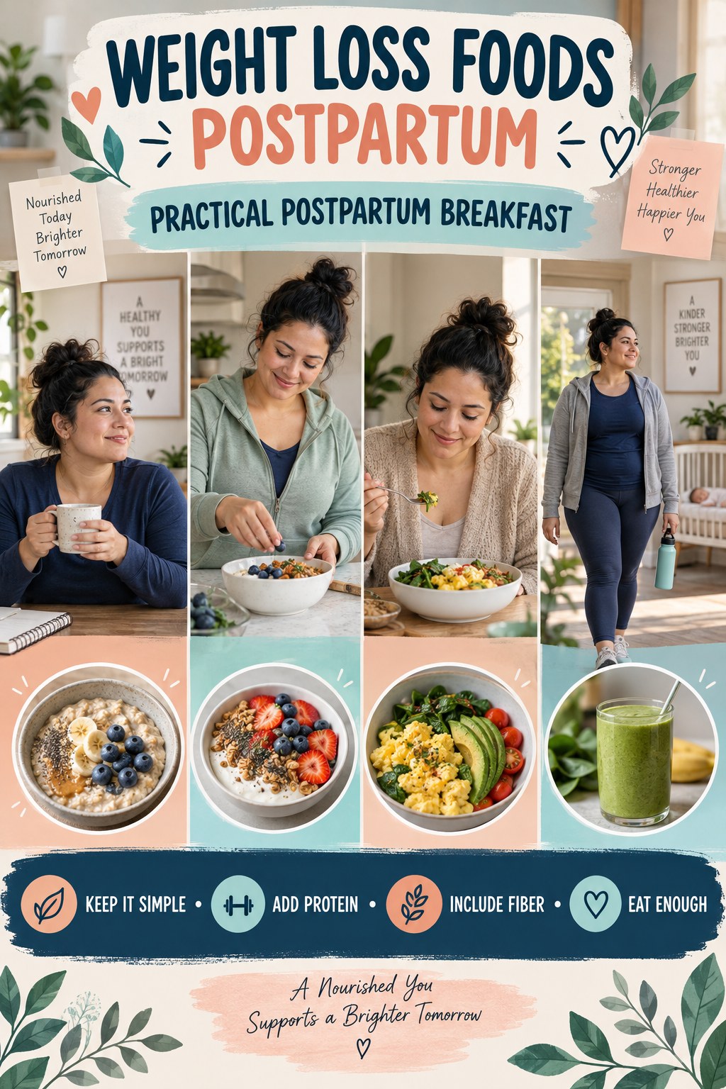Weight Loss Foods postpartum graphic titled Practical Postpartum Breakfast with four gradual recovery-aware prompts.