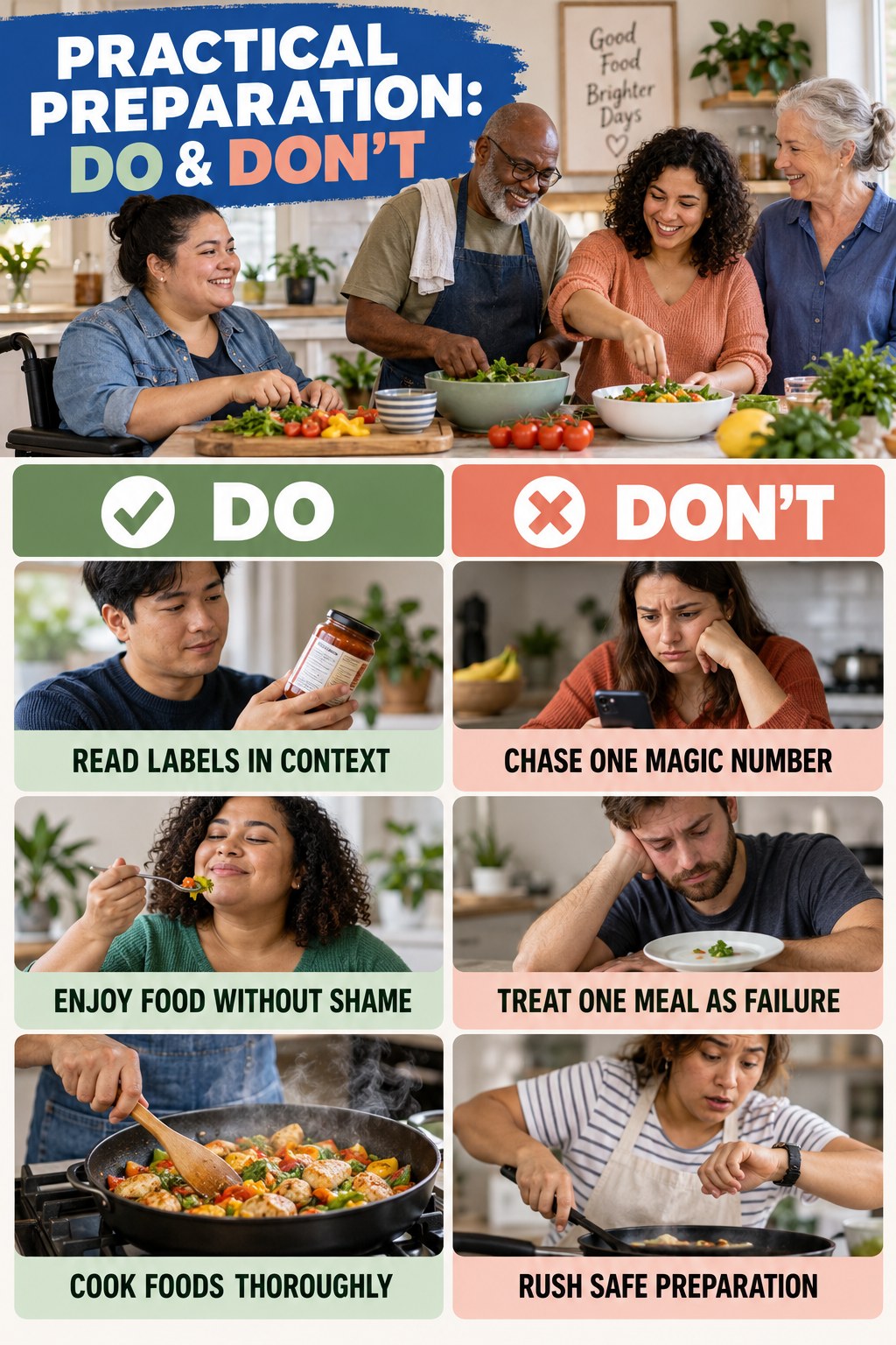 Budget Healthy Meals Do and Don’t comparison graphic showing three practical behavior pairs for practical preparation.