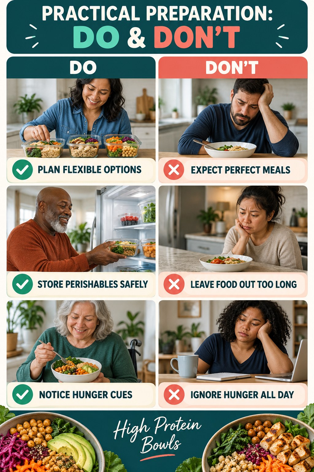 High Protein Bowls Do and Don’t comparison graphic showing three practical behavior pairs for practical preparation.