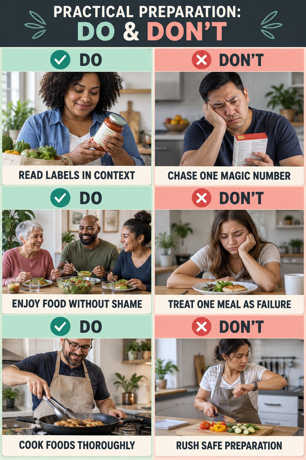 Low Carb Recipes Do and Don’t comparison graphic showing three practical behavior pairs for practical preparation.