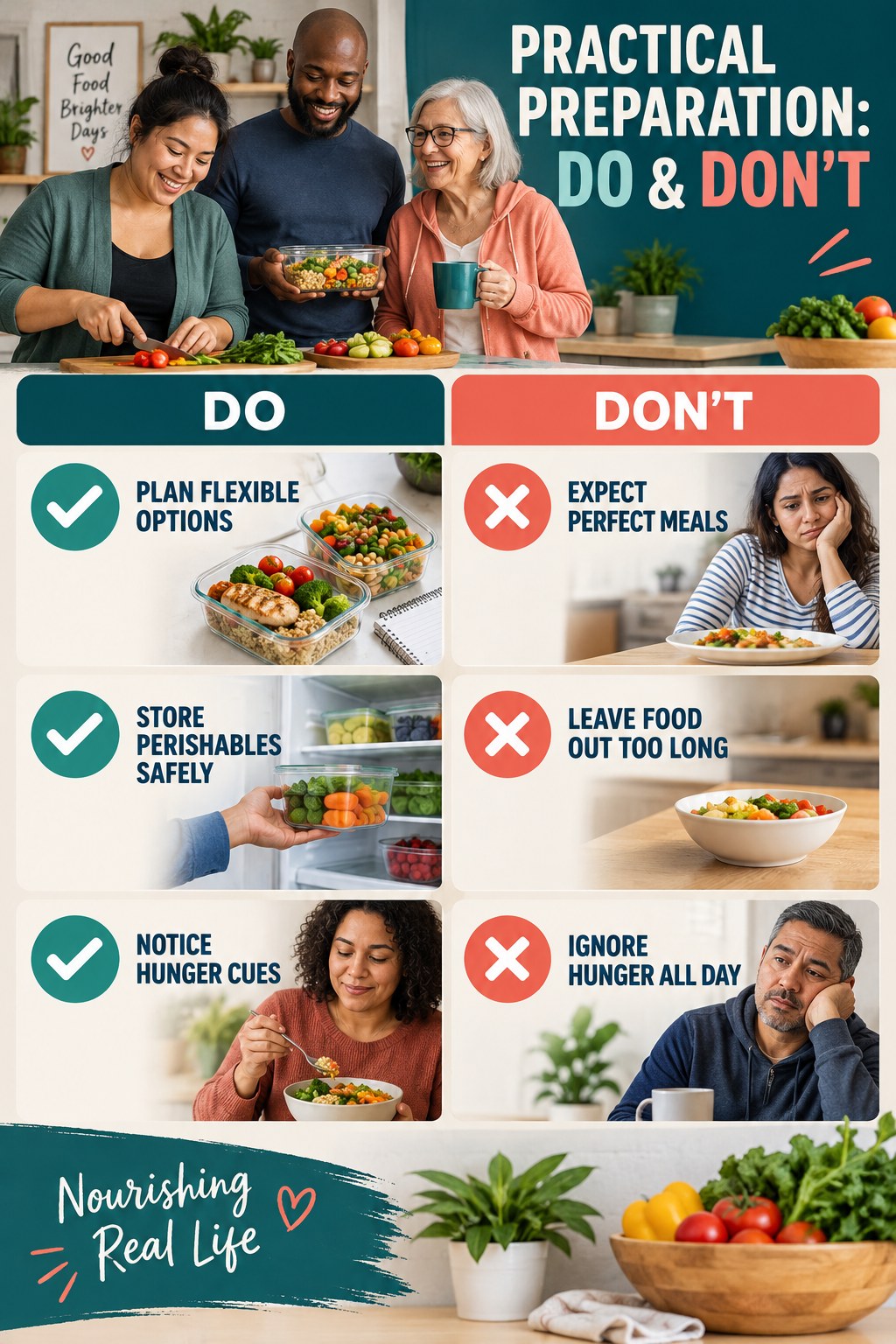 Weight Loss Meal Plans Do and Don’t comparison graphic showing three practical behavior pairs for practical preparation.