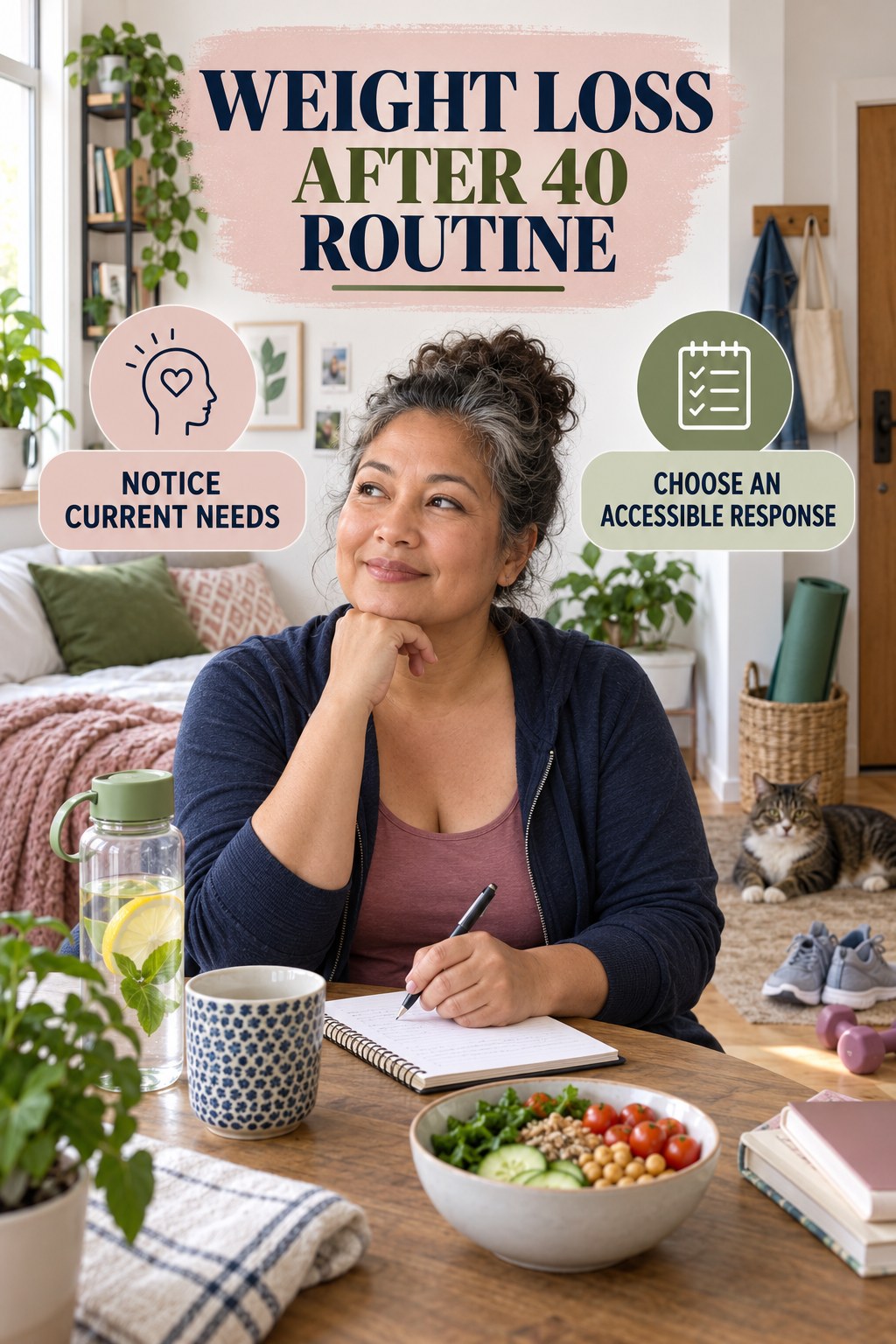 Practical Self-Care Corner for Weight Loss After 40 in a practical small apartment, showing a practical, attainable routine with readable guidance.