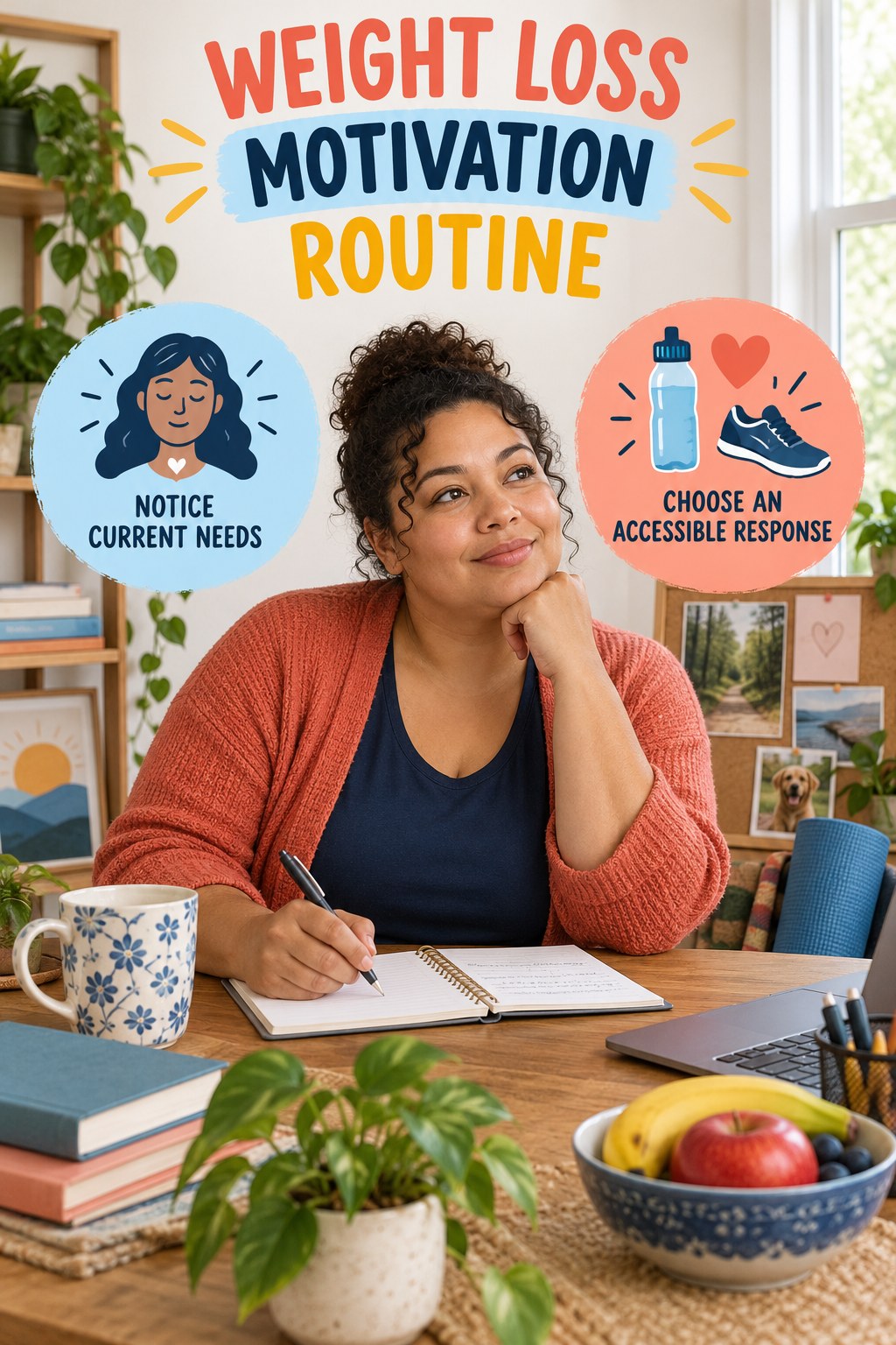 Practical Self-Care Corner for Weight Loss Motivation in a realistic home office, showing a practical, attainable routine with readable guidance.