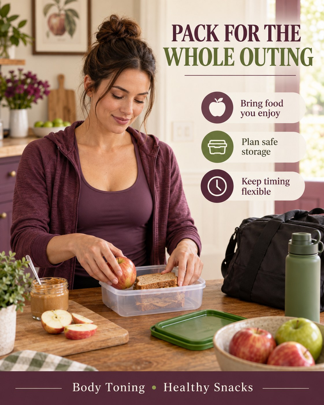 An adult packing an apple and a peanut butter sandwich into a separate snack container beside a workout bag.