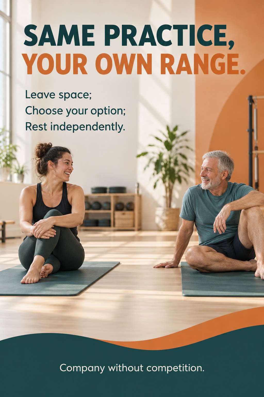 Two adults sitting comfortably on separate mats with generous space between them before Pilates.