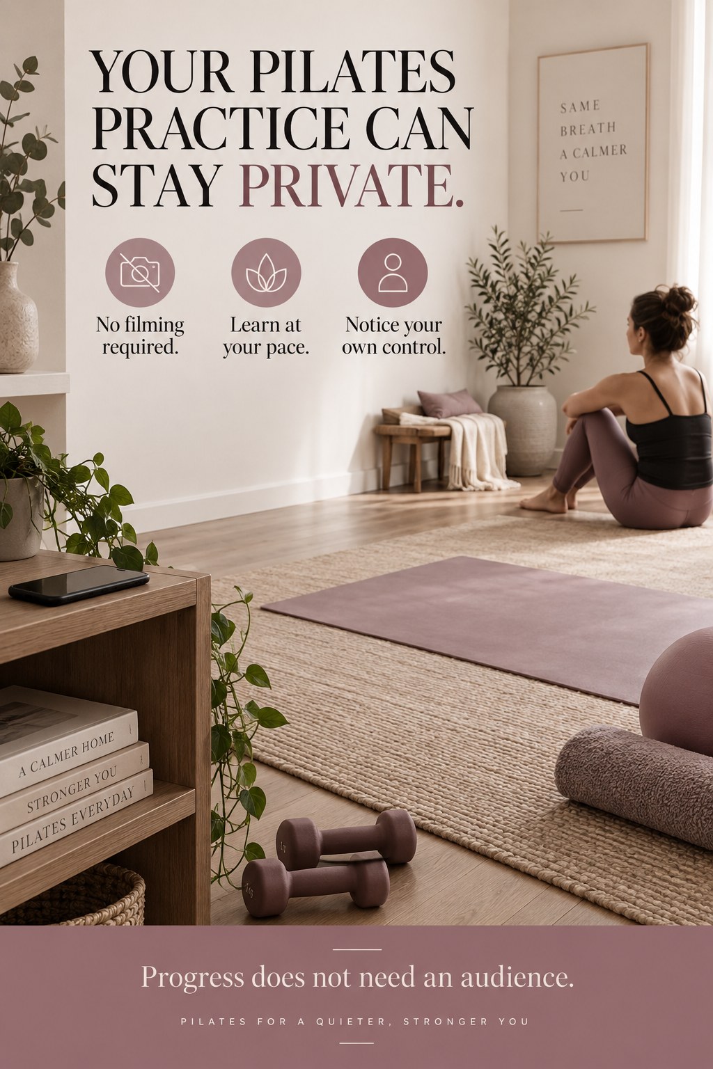 A phone rests face down away from a Pilates mat in a quiet home practice space.