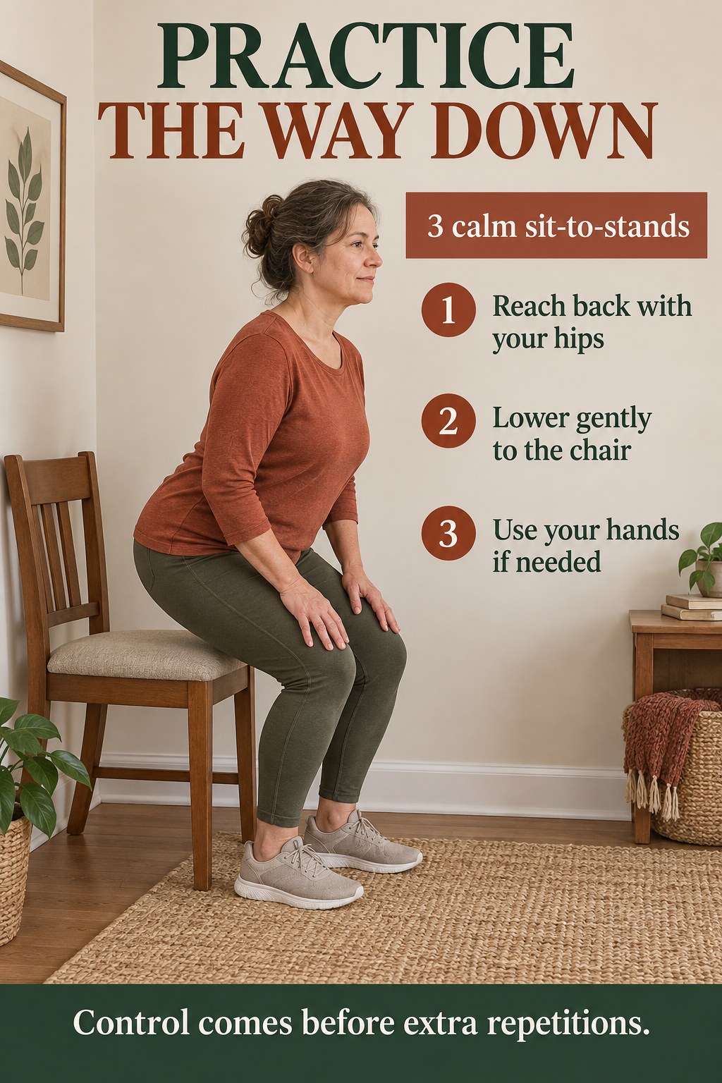 Woman lowers carefully toward a sturdy chair with feet flat and hands on thighs beside instructions to practice the way down.