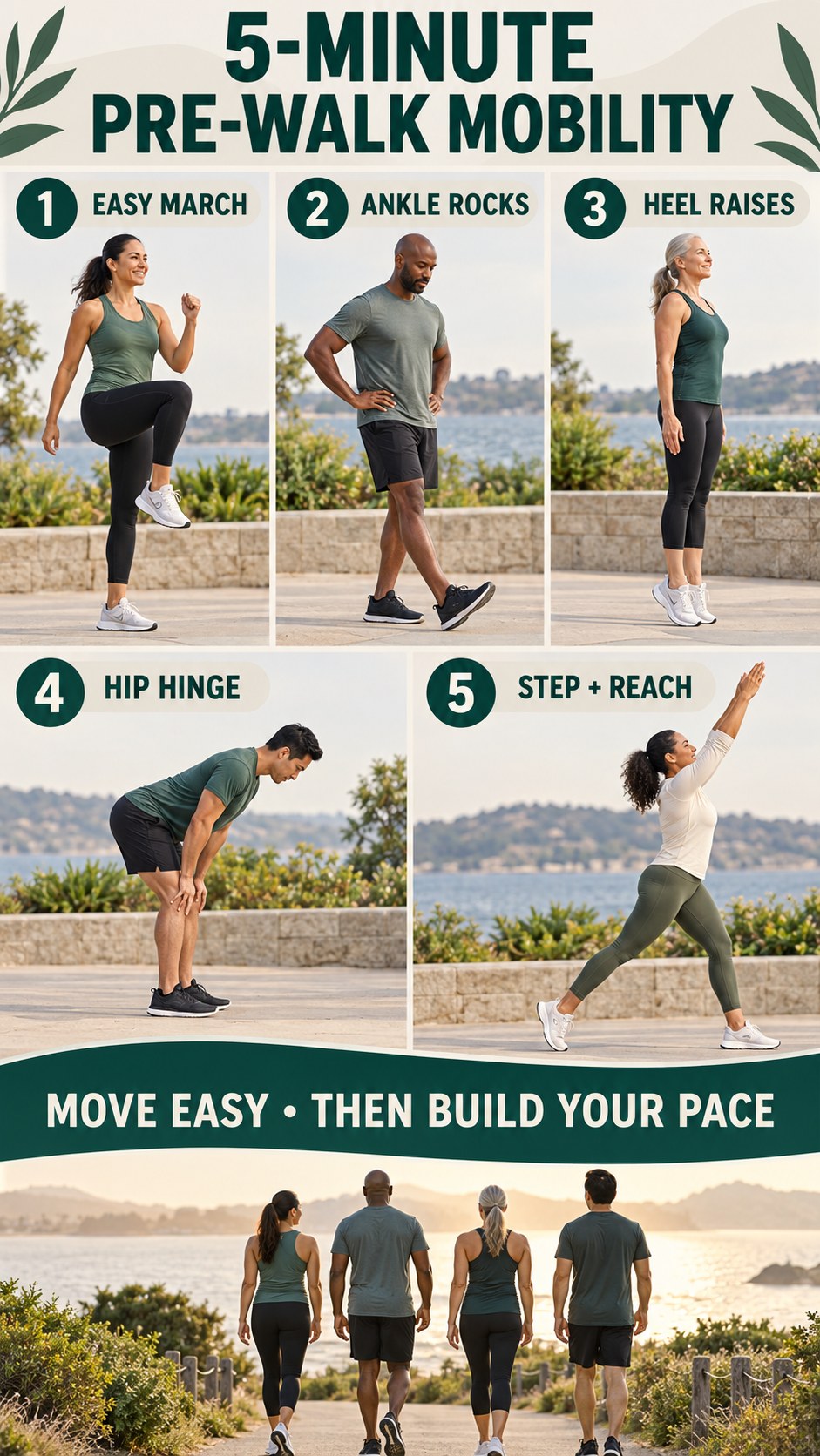 Vertical infographic showing a five-minute ankle and hip mobility routine before walking