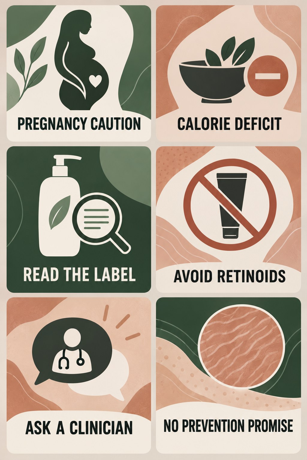 Pregnancy-Safe Ingredient Questions infographic for Calorie Deficit with four concise, body-neutral stretch-mark skincare points.
