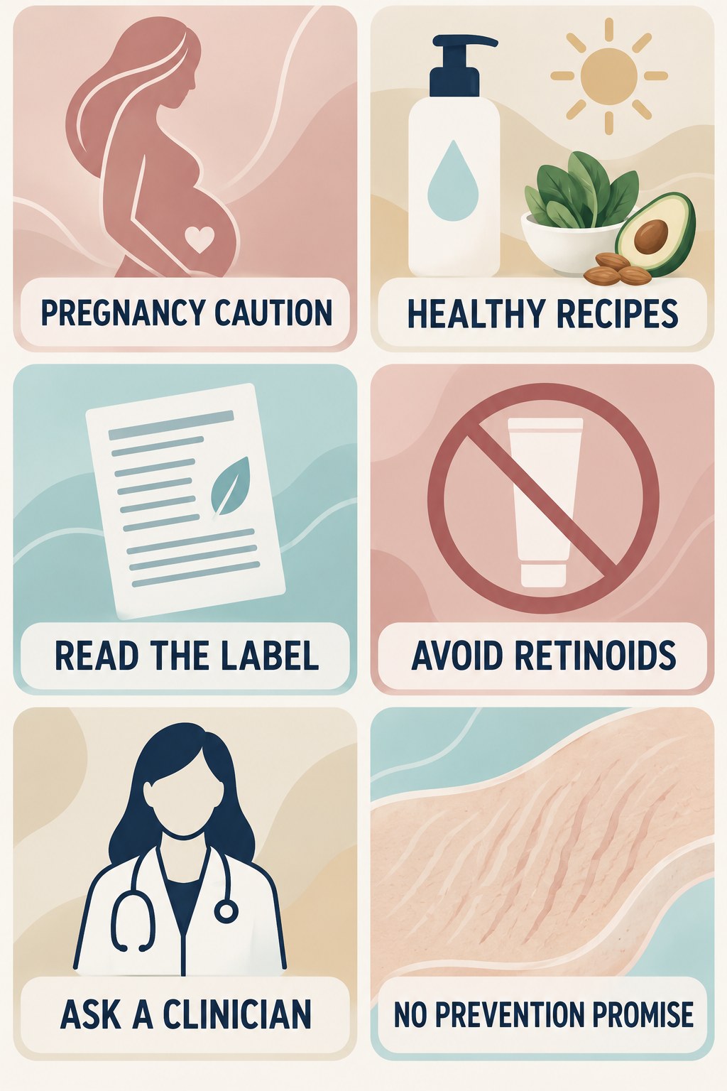 Pregnancy-Safe Ingredient Questions infographic for Healthy Recipes with four concise, body-neutral stretch-mark skincare points.
