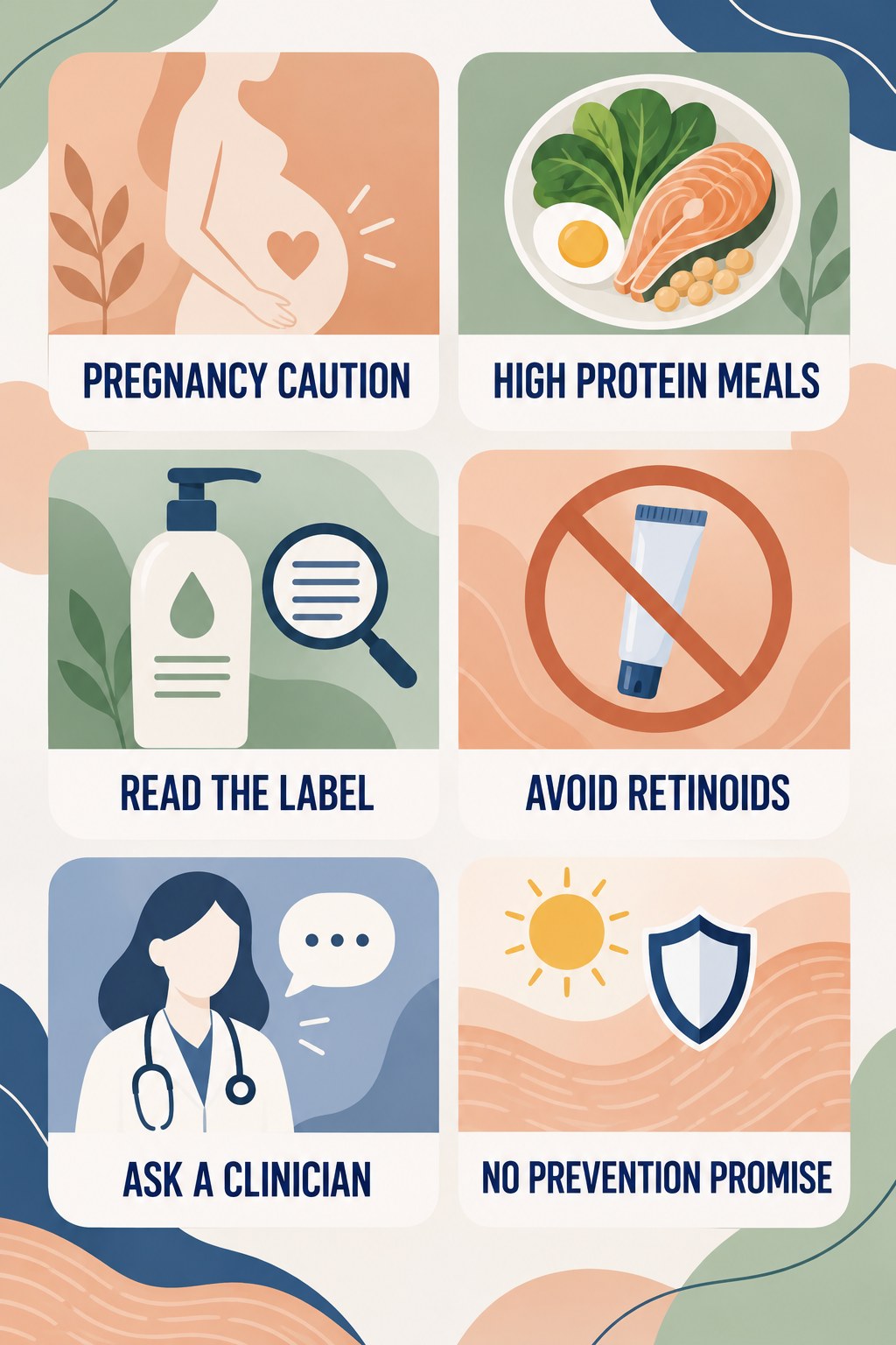 Pregnancy-Safe Ingredient Questions infographic for High Protein Meals with four concise, body-neutral stretch-mark skincare points.