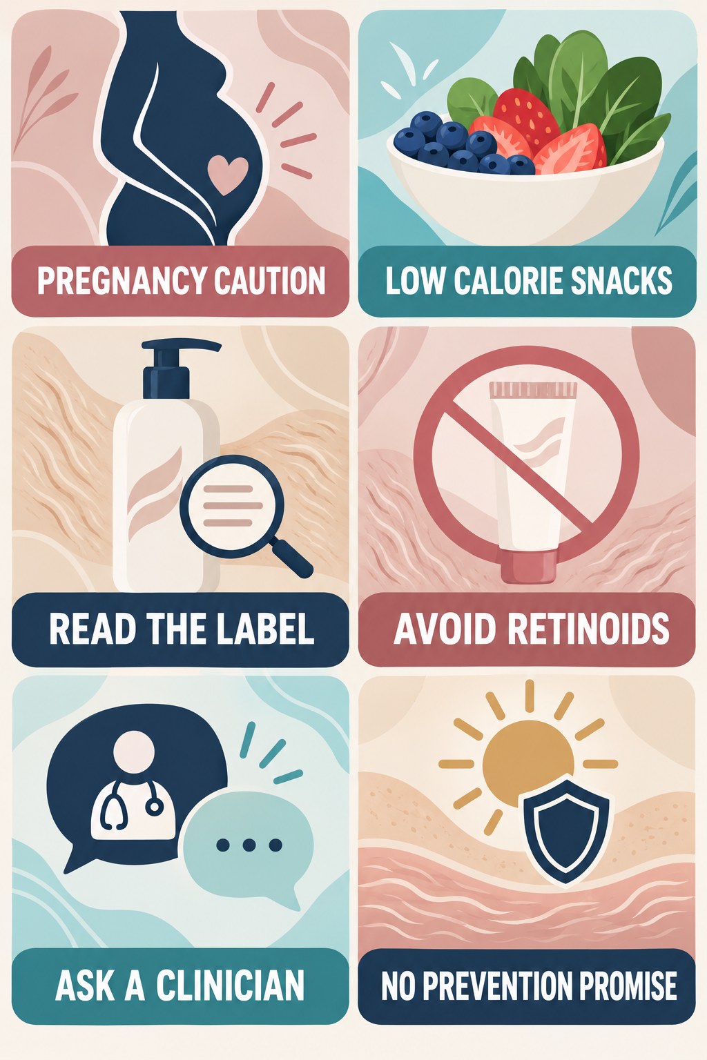 Pregnancy-Safe Ingredient Questions infographic for Low Calorie Snacks with four concise, body-neutral stretch-mark skincare points.