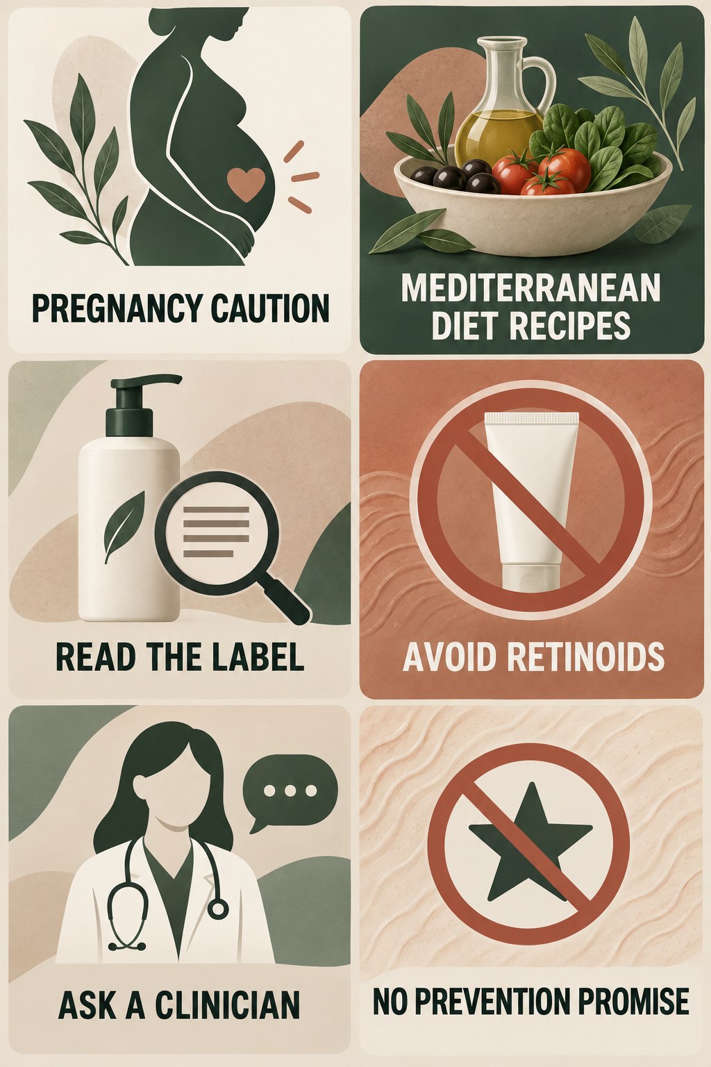 Pregnancy-Safe Ingredient Questions infographic for Mediterranean Diet Recipes with four concise, body-neutral stretch-mark skincare points.