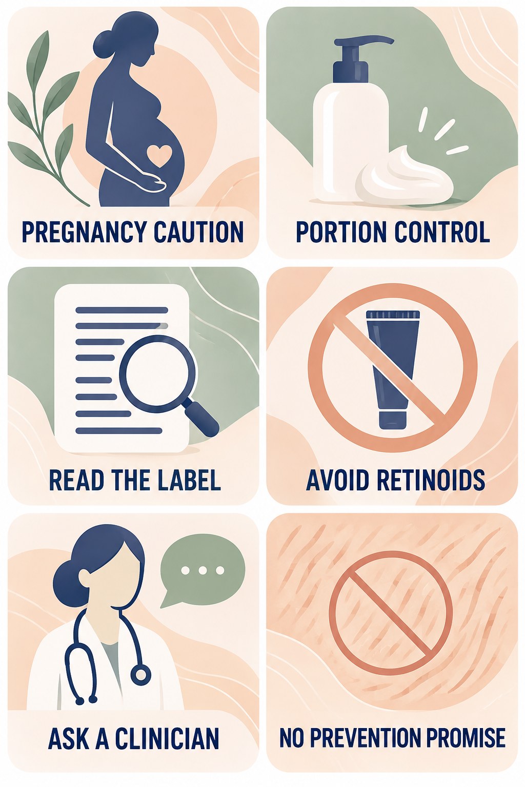 Pregnancy-Safe Ingredient Questions infographic for Portion Control with four concise, body-neutral stretch-mark skincare points.