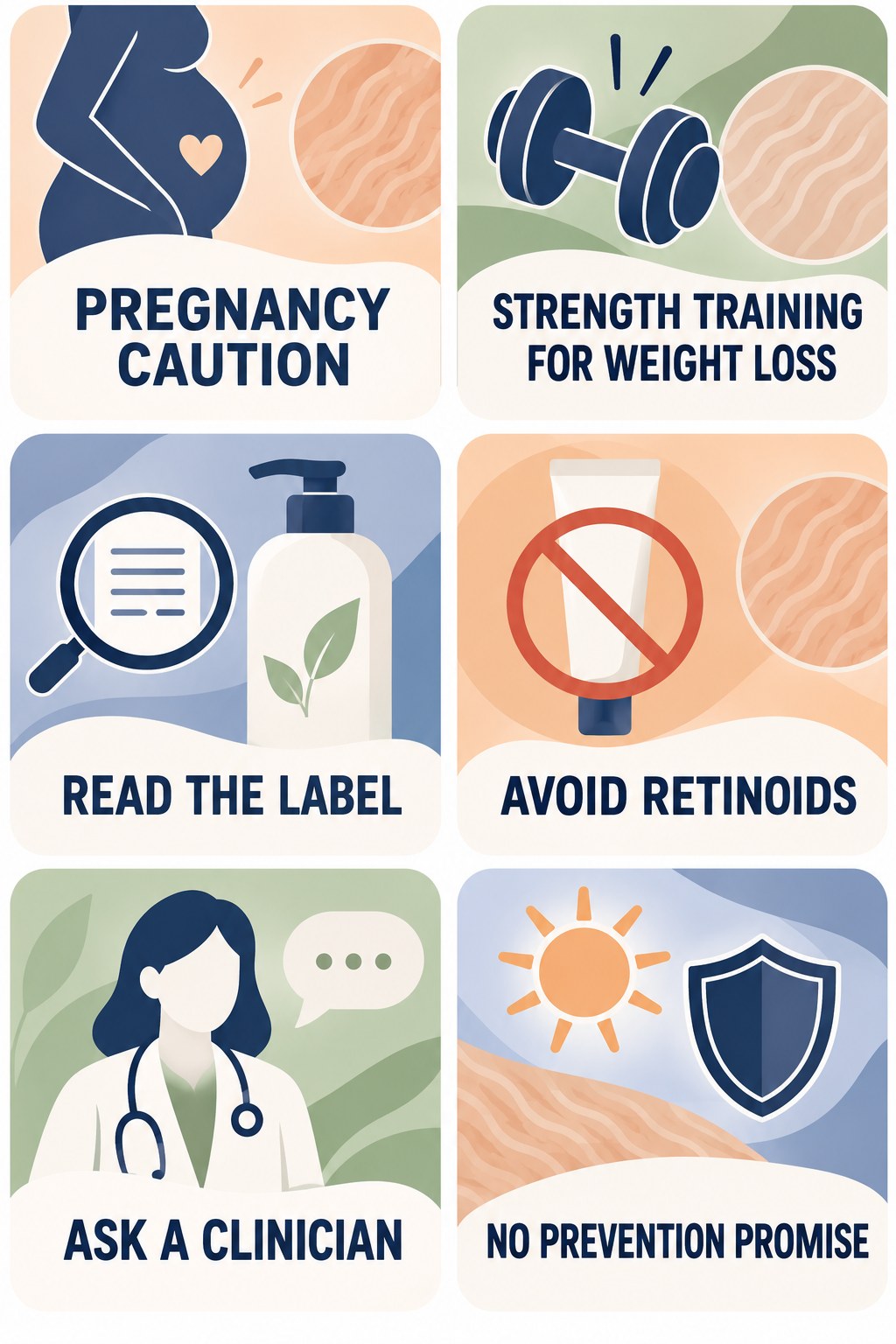 Pregnancy-Safe Ingredient Questions infographic for Strength Training for Weight Loss with four concise, body-neutral stretch-mark skincare points.