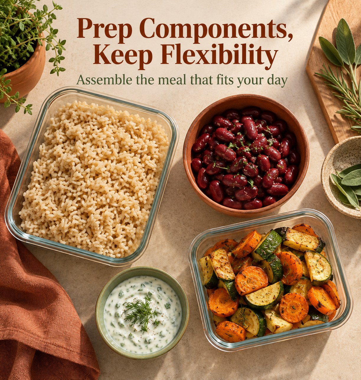 Separate containers of rice, cooked beans, roasted vegetables, and yogurt sauce ready for meal assembly.