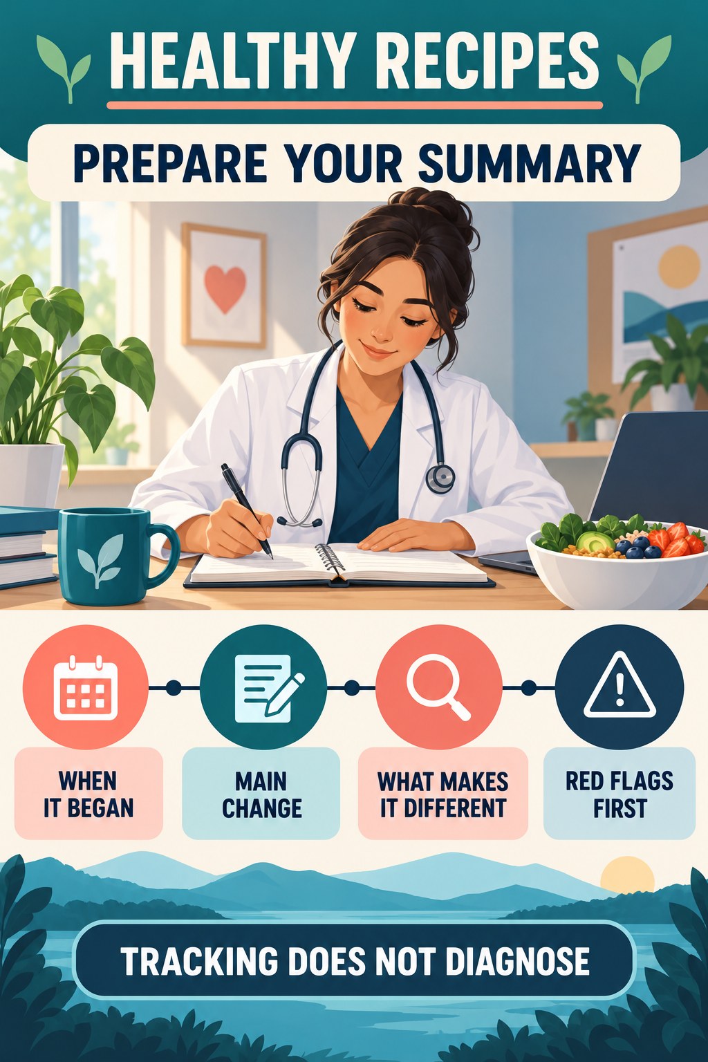 Prepare a Concise Clinician Summary urinary symptom tracking infographic for Healthy Recipes with four practical diary points and a non-diagnostic reminder.