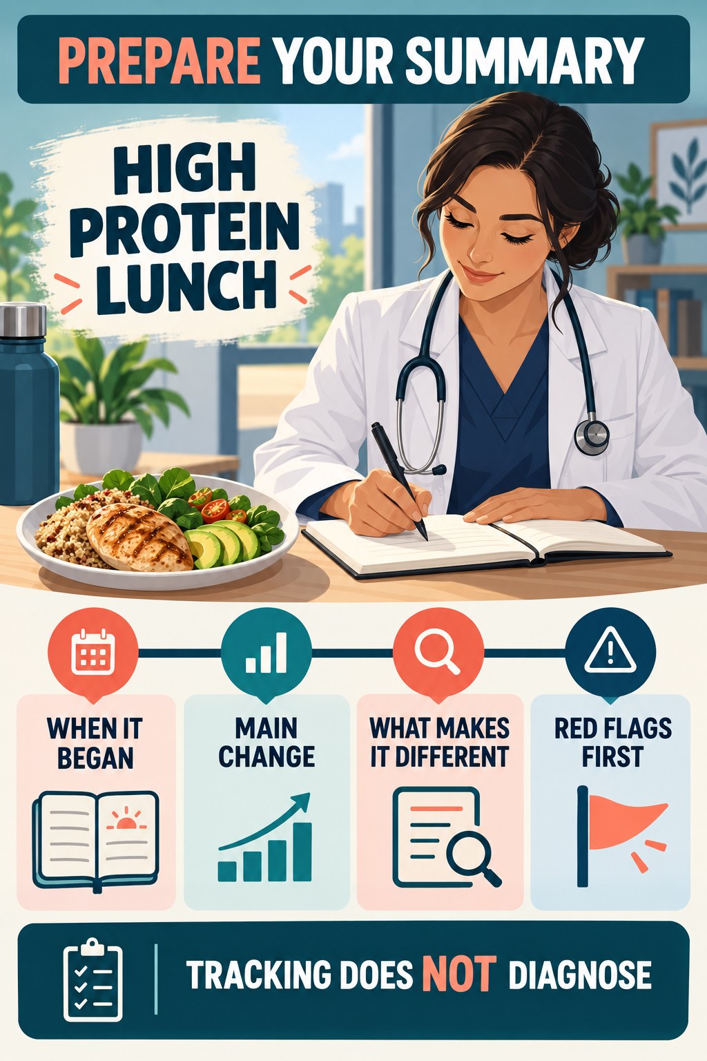 Prepare a Concise Clinician Summary urinary symptom tracking infographic for High Protein Lunch with four practical diary points and a non-diagnostic reminder.