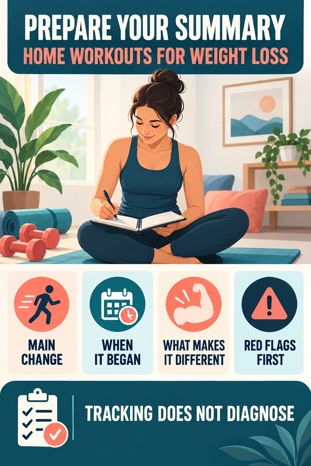Prepare a Concise Clinician Summary urinary symptom tracking infographic for Home Workouts for Weight Loss with four practical diary points and a non-diagnostic reminder.