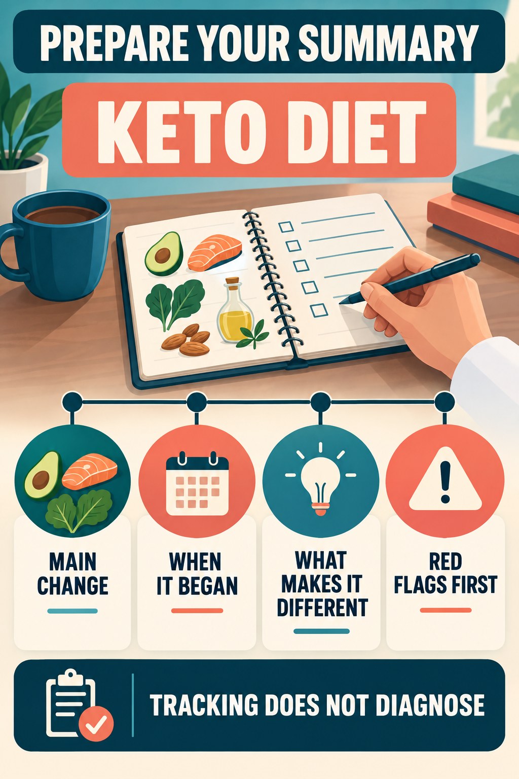 Prepare a Concise Clinician Summary urinary symptom tracking infographic for Keto Diet with four practical diary points and a non-diagnostic reminder.