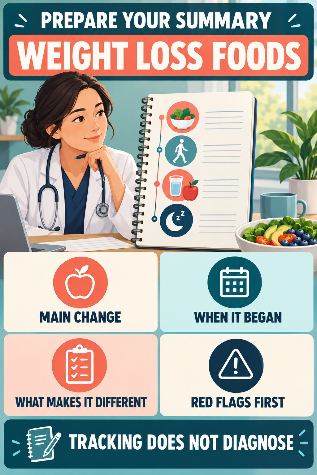 Prepare a Concise Clinician Summary urinary symptom tracking infographic for Weight Loss Foods with four practical diary points and a non-diagnostic reminder.