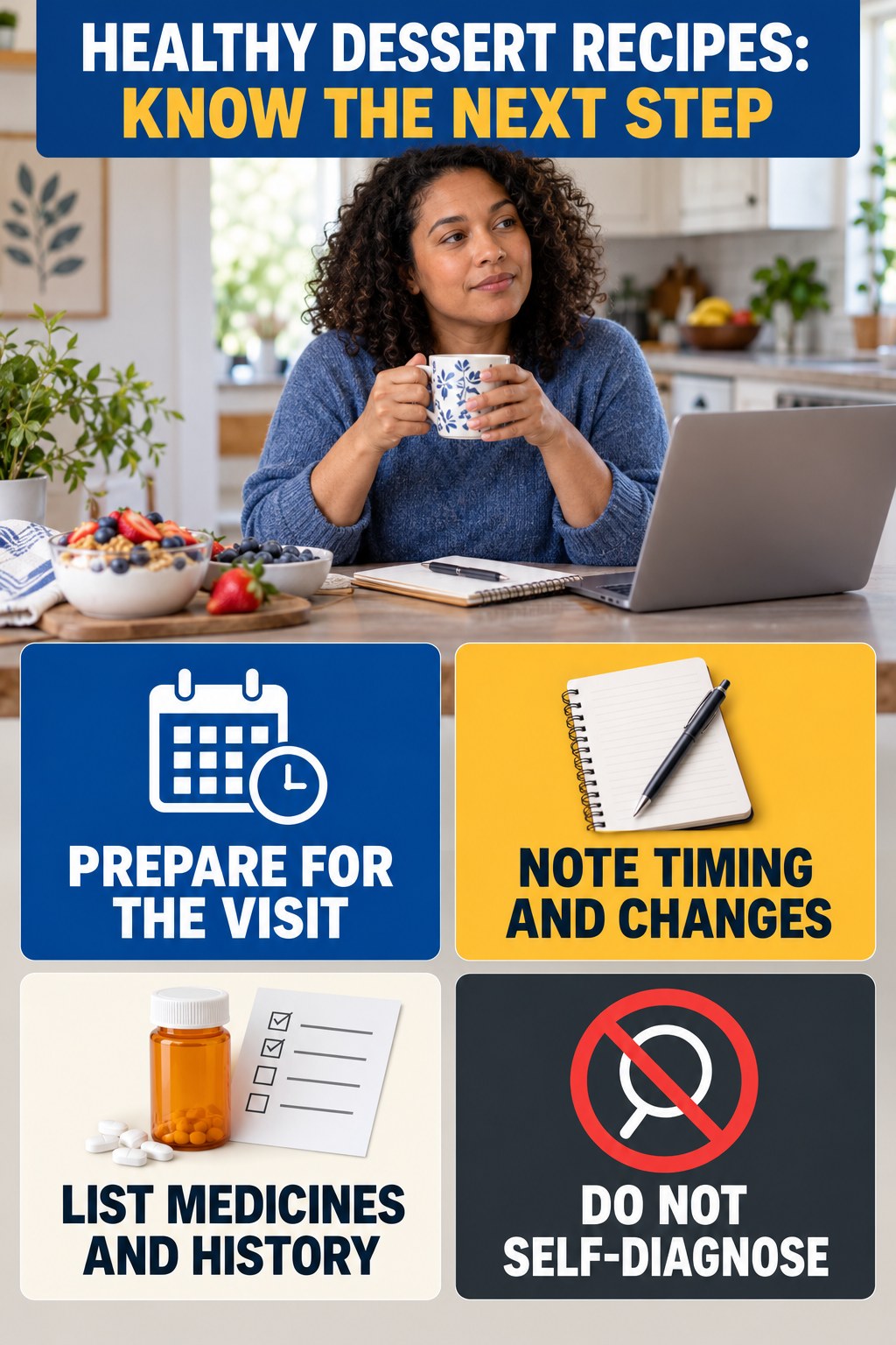 Prepare for a Clinical Visit infographic for Healthy Dessert Recipes, explaining vein-health warning signs and the appropriate next action without diagnosing a condition.