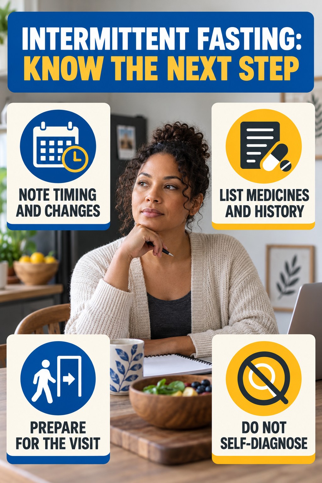 Prepare for a Clinical Visit infographic for Intermittent Fasting, explaining vein-health warning signs and the appropriate next action without diagnosing a condition.